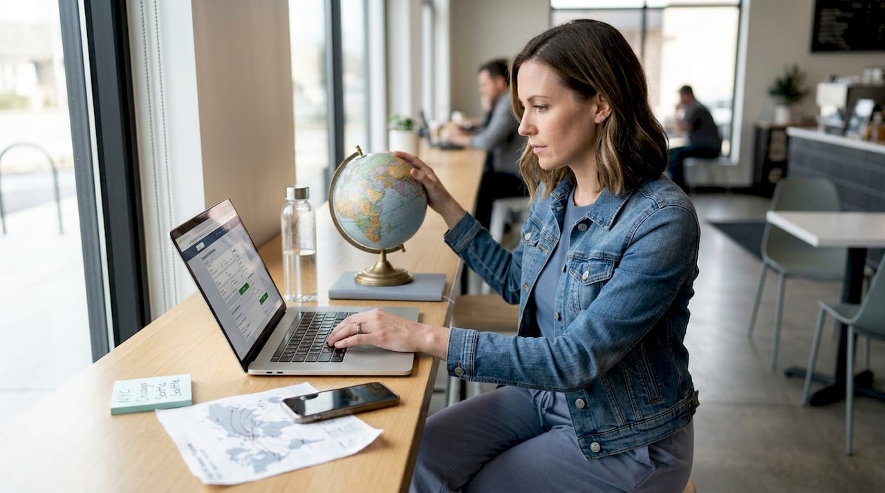 Traveller planning round the world flights at home workspace