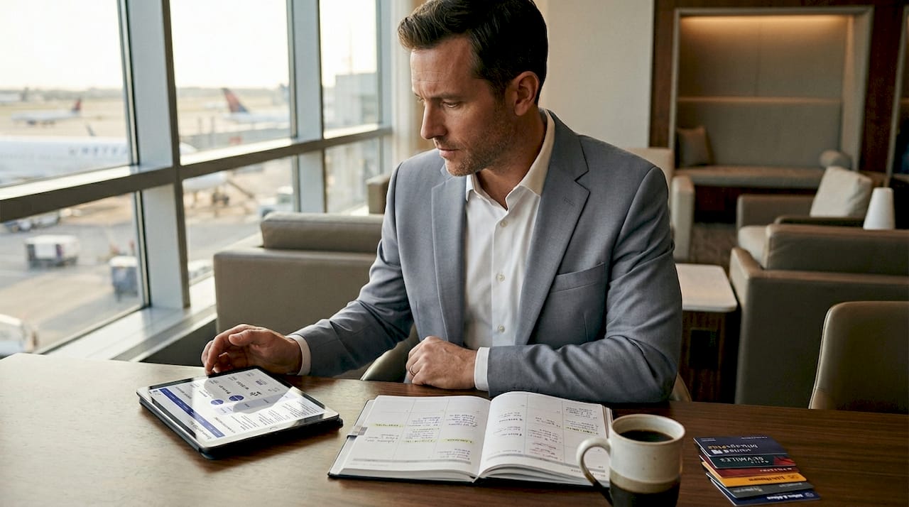 Man comparing airline round-the-world options on tablet