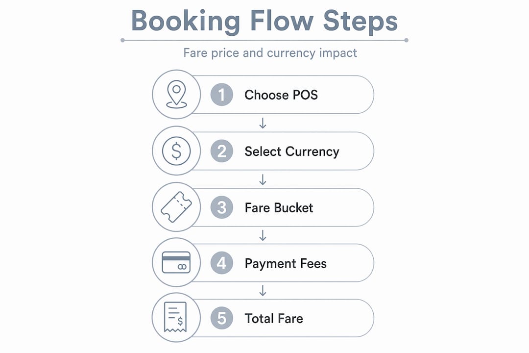 Infographic showing how airline fare buckets and currency interact in the booking process