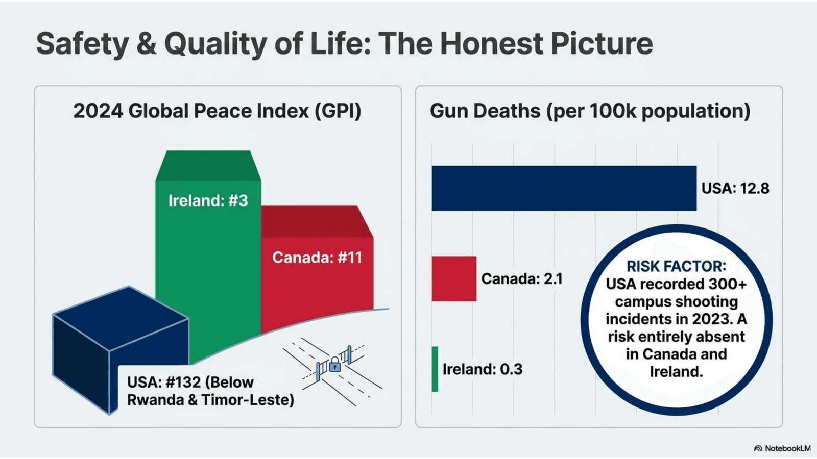 Safety and Quality of Life comparison: USA vs Canada vs Ireland for international students in 2026