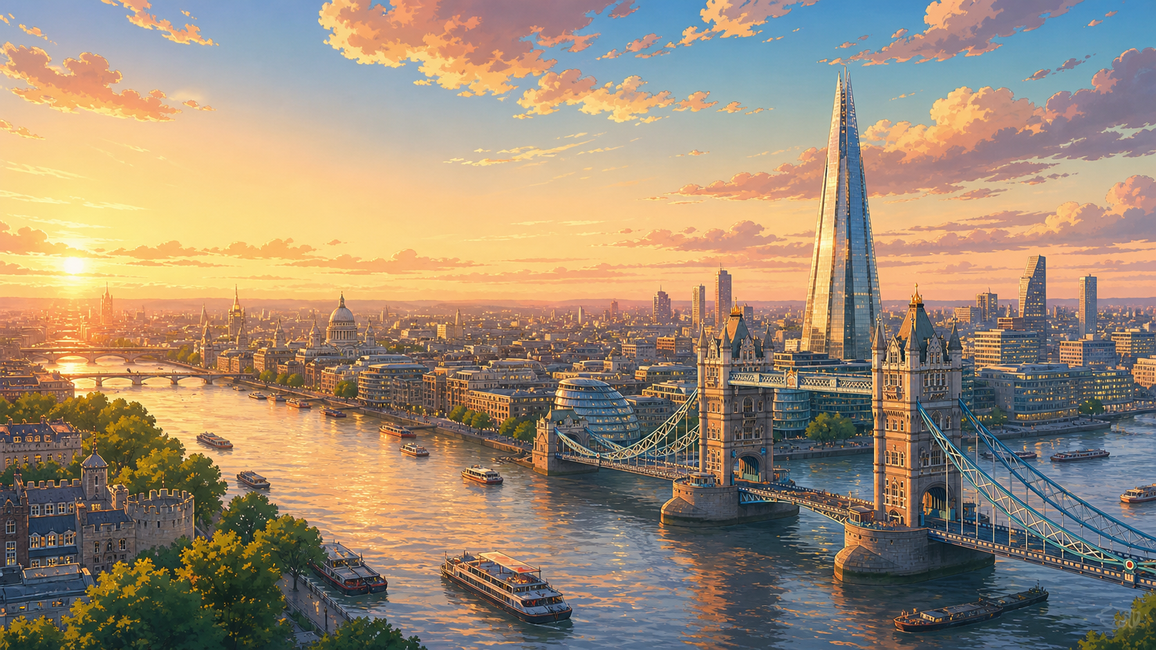 London skyline at sunset with Tower Bridge and Thames