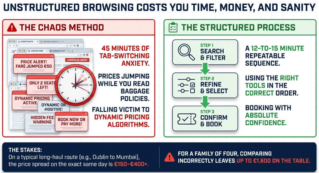 Why unstructured browsing leads to confusion when comparing fares across multiple airlines. Costs you time, money, and peace of mind.