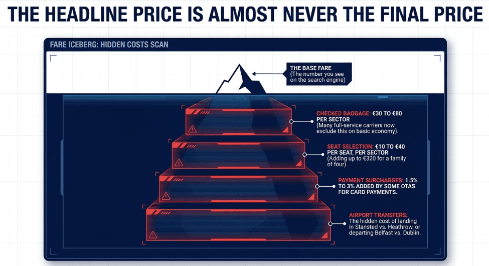 Why the cheapest fare is not always the best fare when comparing multiple airlines. Consider baggage, seat selection, payment fees, layover time, and airport transfer costs.