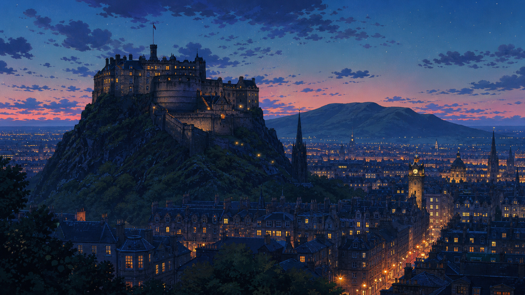 Edinburgh Castle at dusk perched on volcanic rock with the city lights below and Arthur's Seat in the background