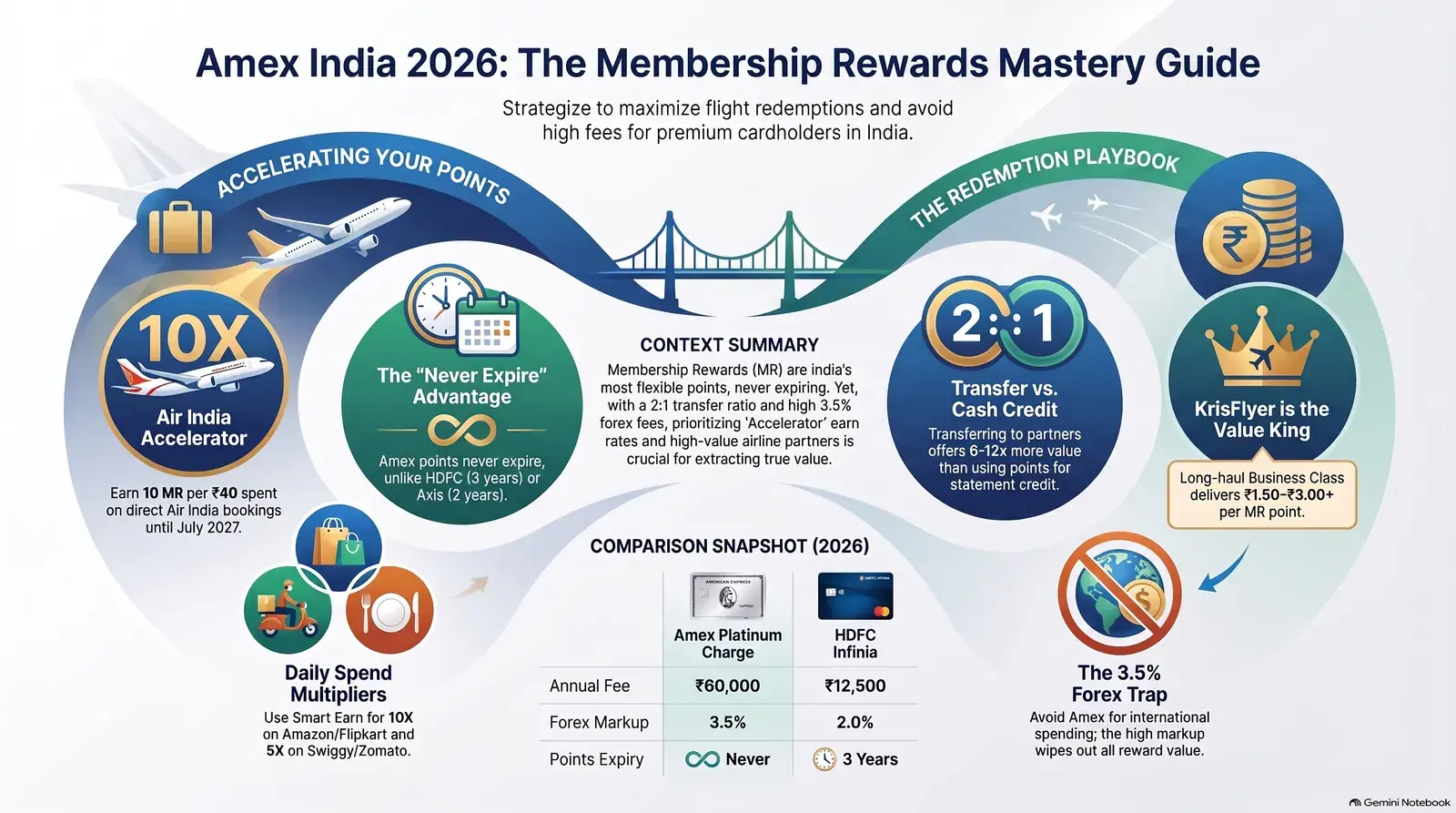 American Express India Membership Rewards 2026 — card lineup, transfer partners and earn rates infographic