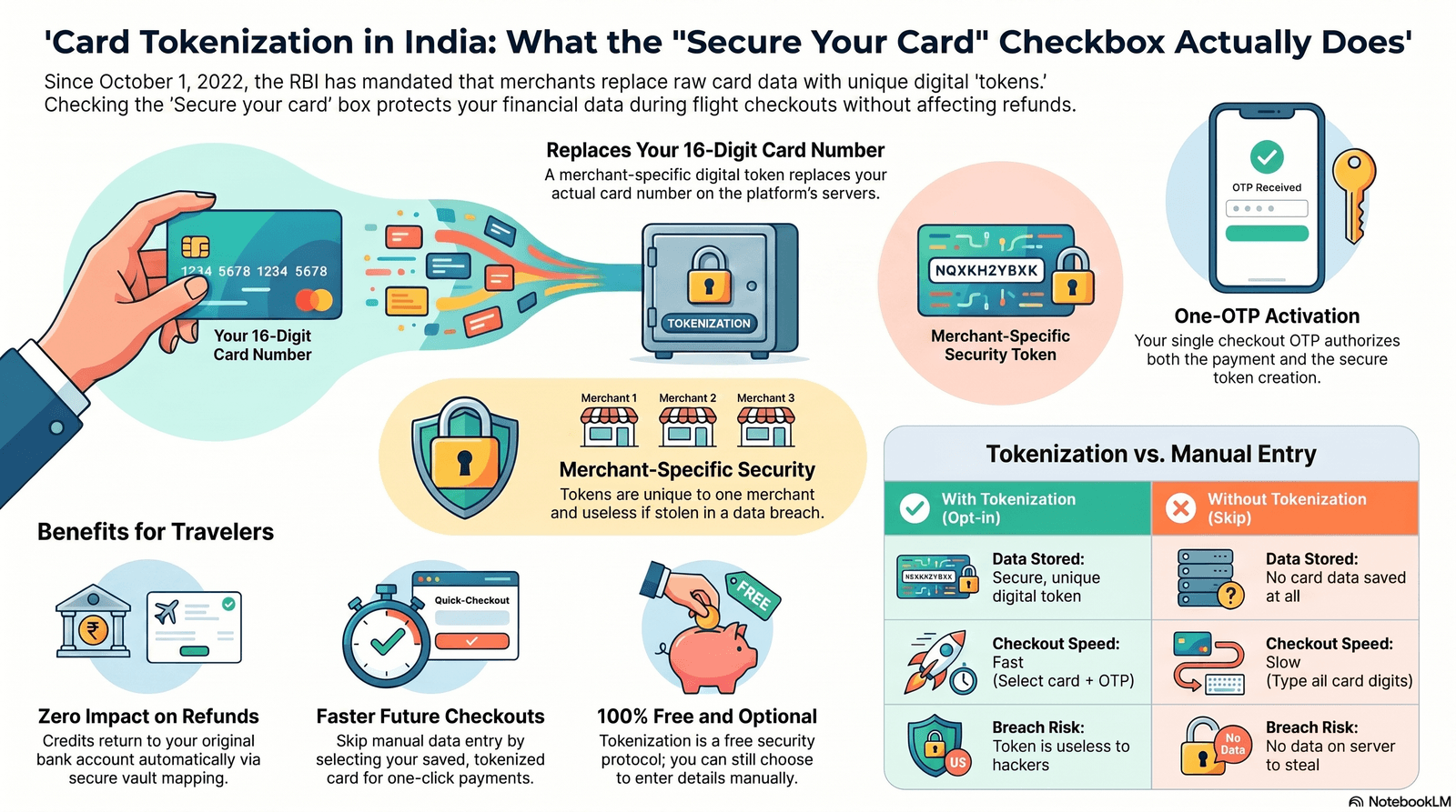 RBI card tokenization protects debit and credit card payments during online flight checkout in India