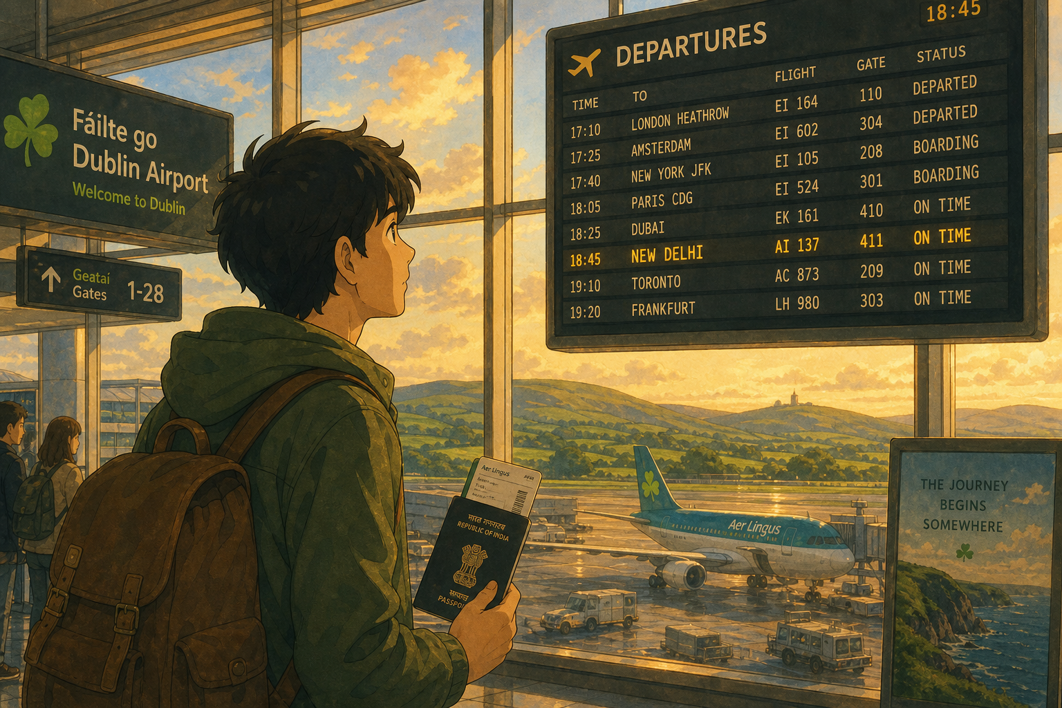 Dublin Airport departure lounge with flight to Delhi on the board