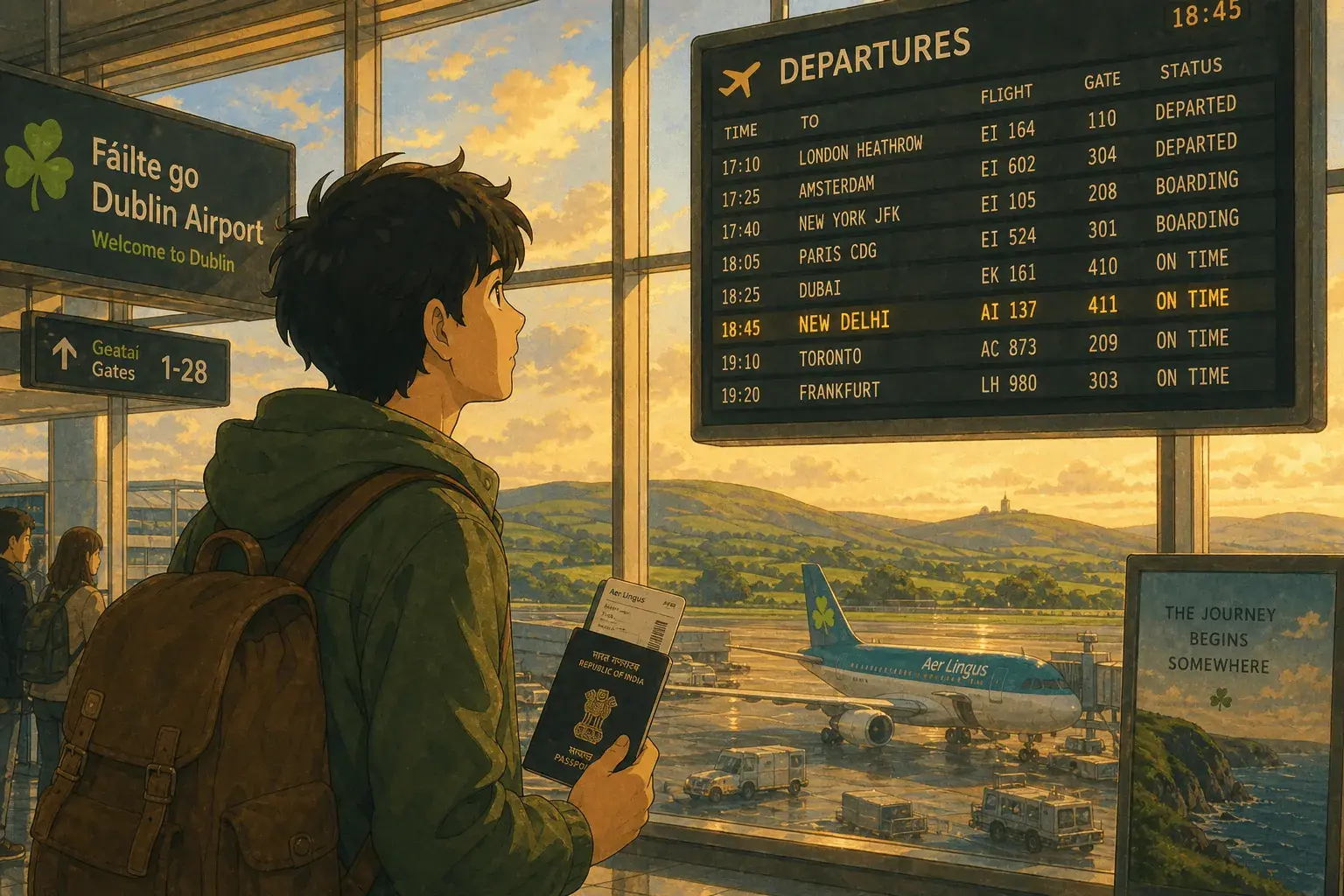 Dublin Airport departure lounge with flight to Delhi on the board
