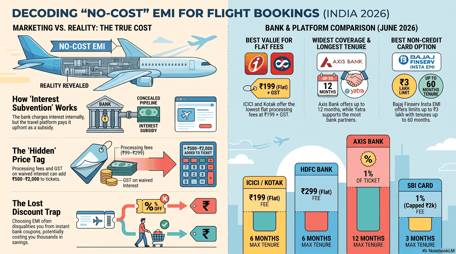 Infographic comparing no-cost EMI and BNPL options for Indian flight bookings in 2026 across HDFC, ICICI, Axis, SBI and Bajaj Finserv