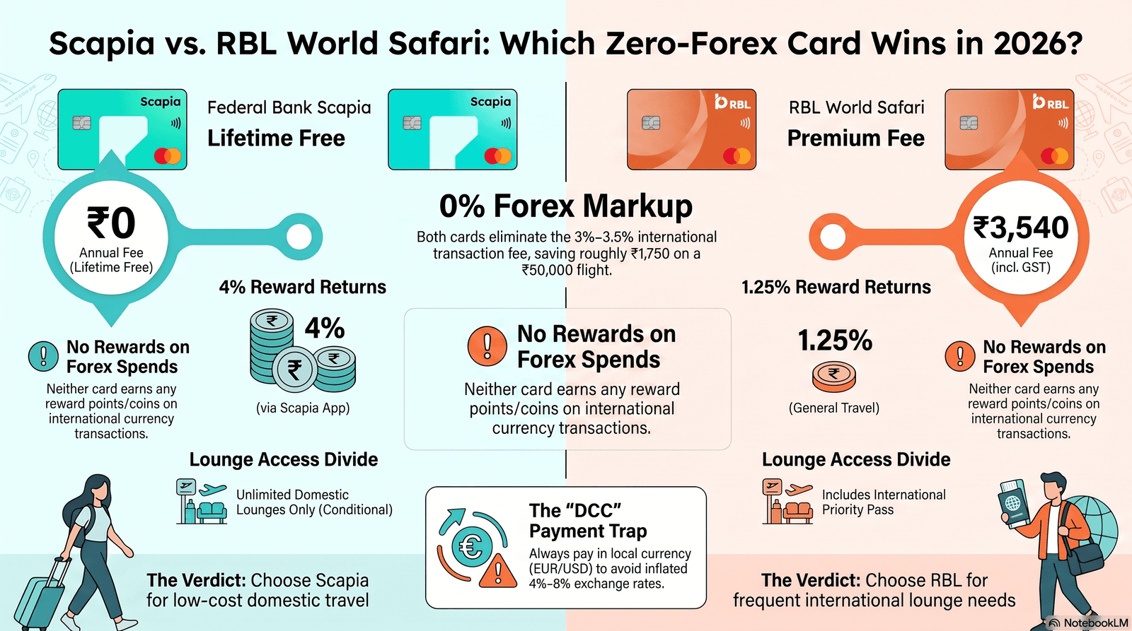 Federal Bank Scapia vs RBL World Safari zero-forex credit card comparison 2026 — fees, lounge access, and flight booking rewards