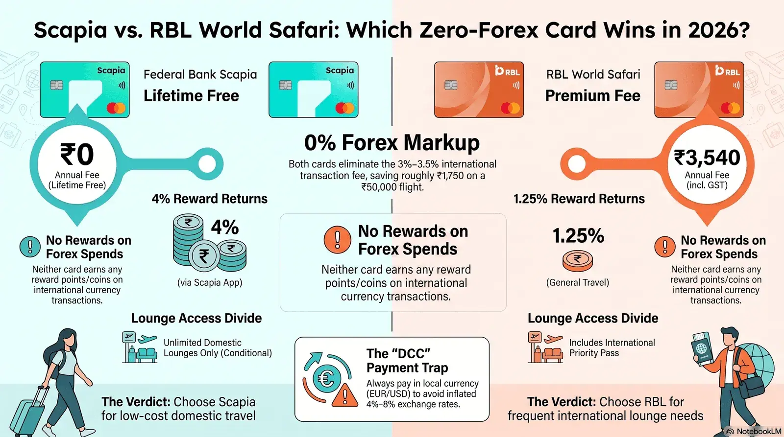 Federal Bank Scapia vs RBL World Safari zero-forex credit card comparison 2026