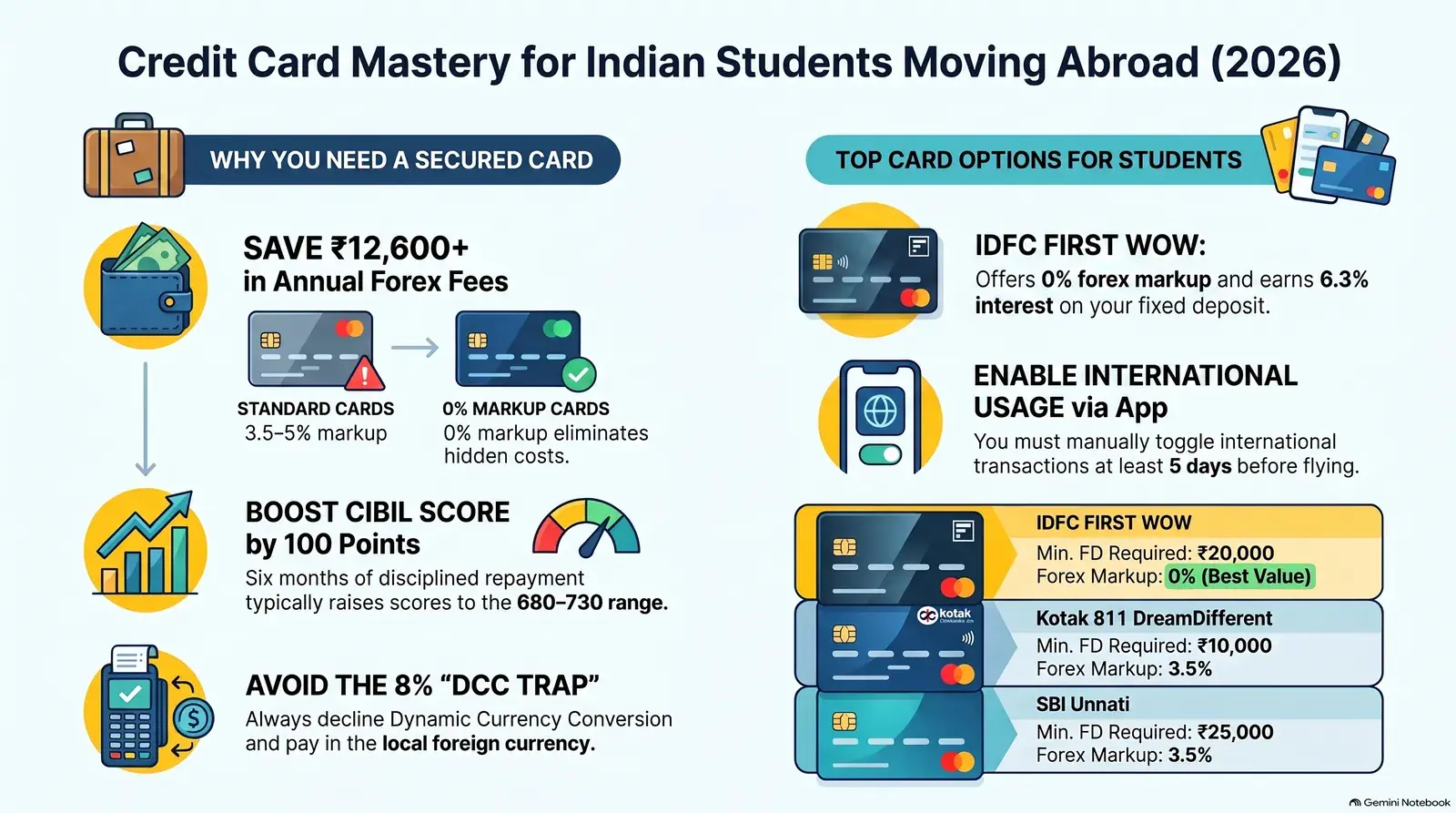 First credit card for Indian students moving abroad 2026 — FD-backed secured cards and add-on card comparison
