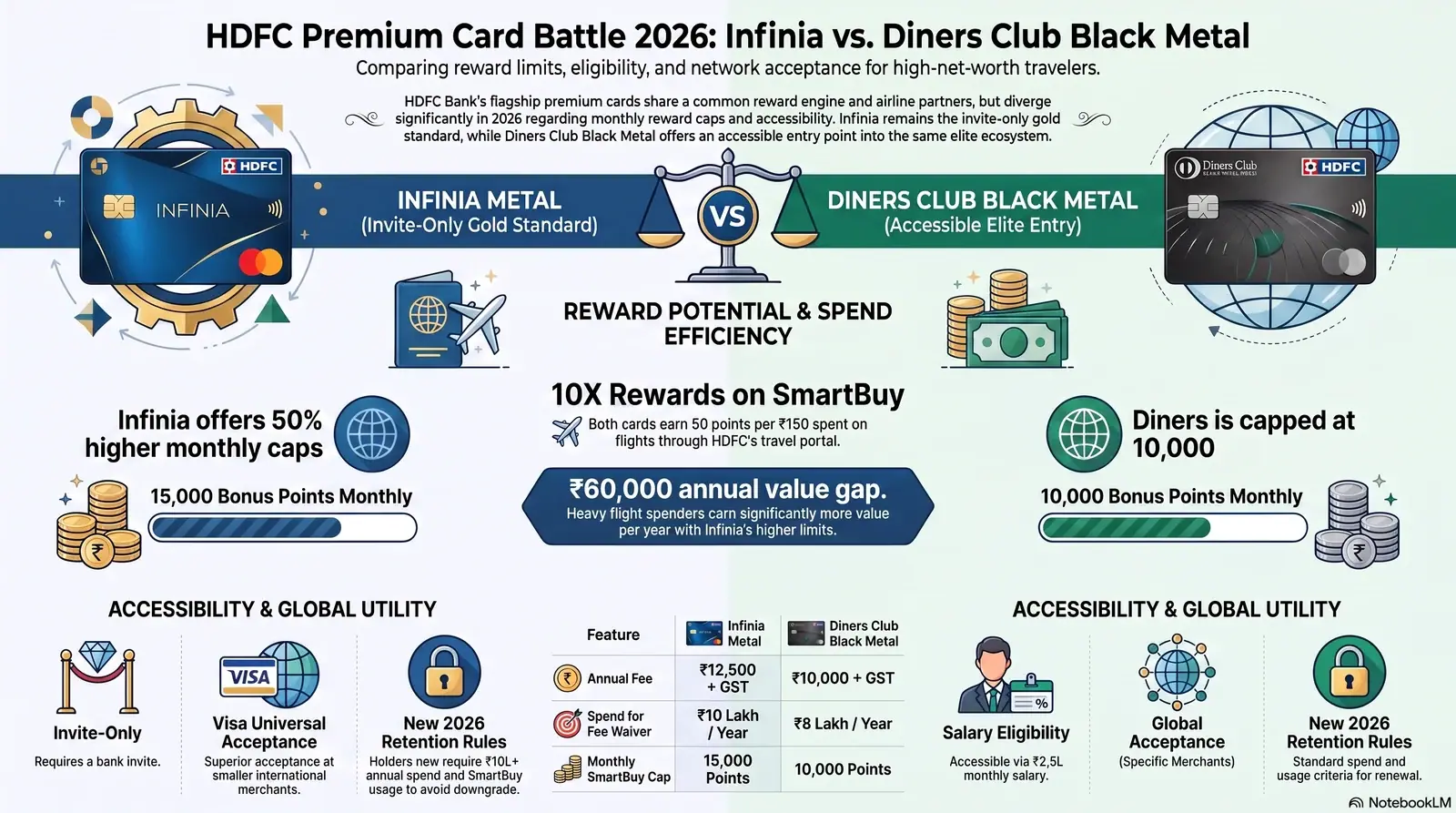 HDFC Infinia vs Diners Club Black Metal 2026 comparison — SmartBuy reward caps, lounge access and forex battle