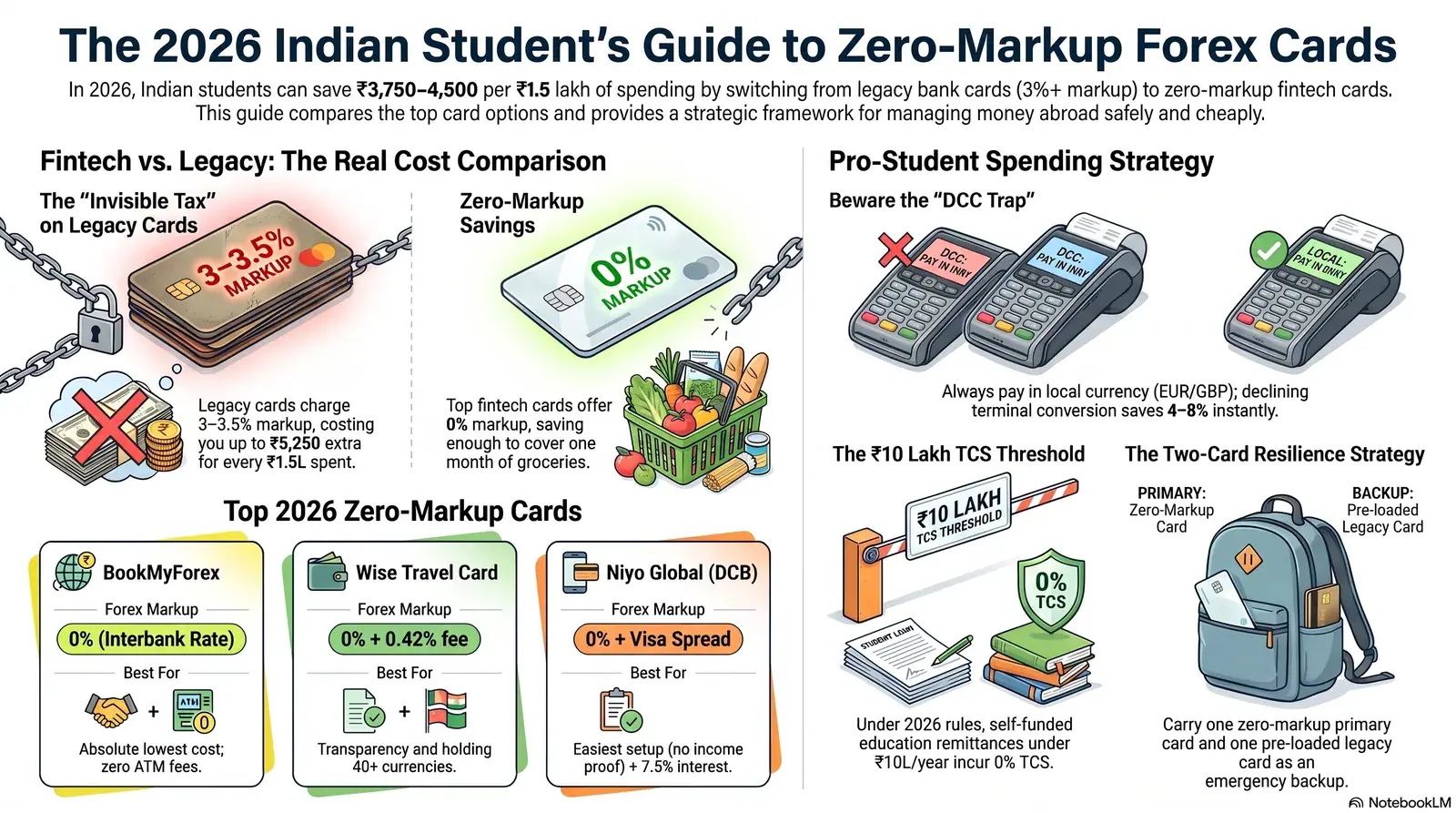 Niyo Global, Wise, and legacy bank forex cards side by side — comparison guide for Indian students spending abroad in 2026