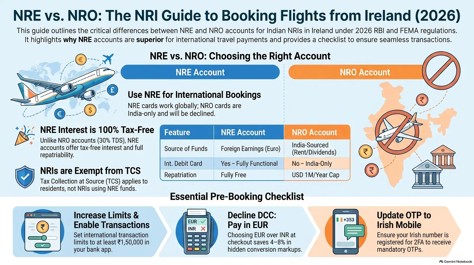 NRE and NRO accounts for Indian NRIs in Ireland booking international flights 2026