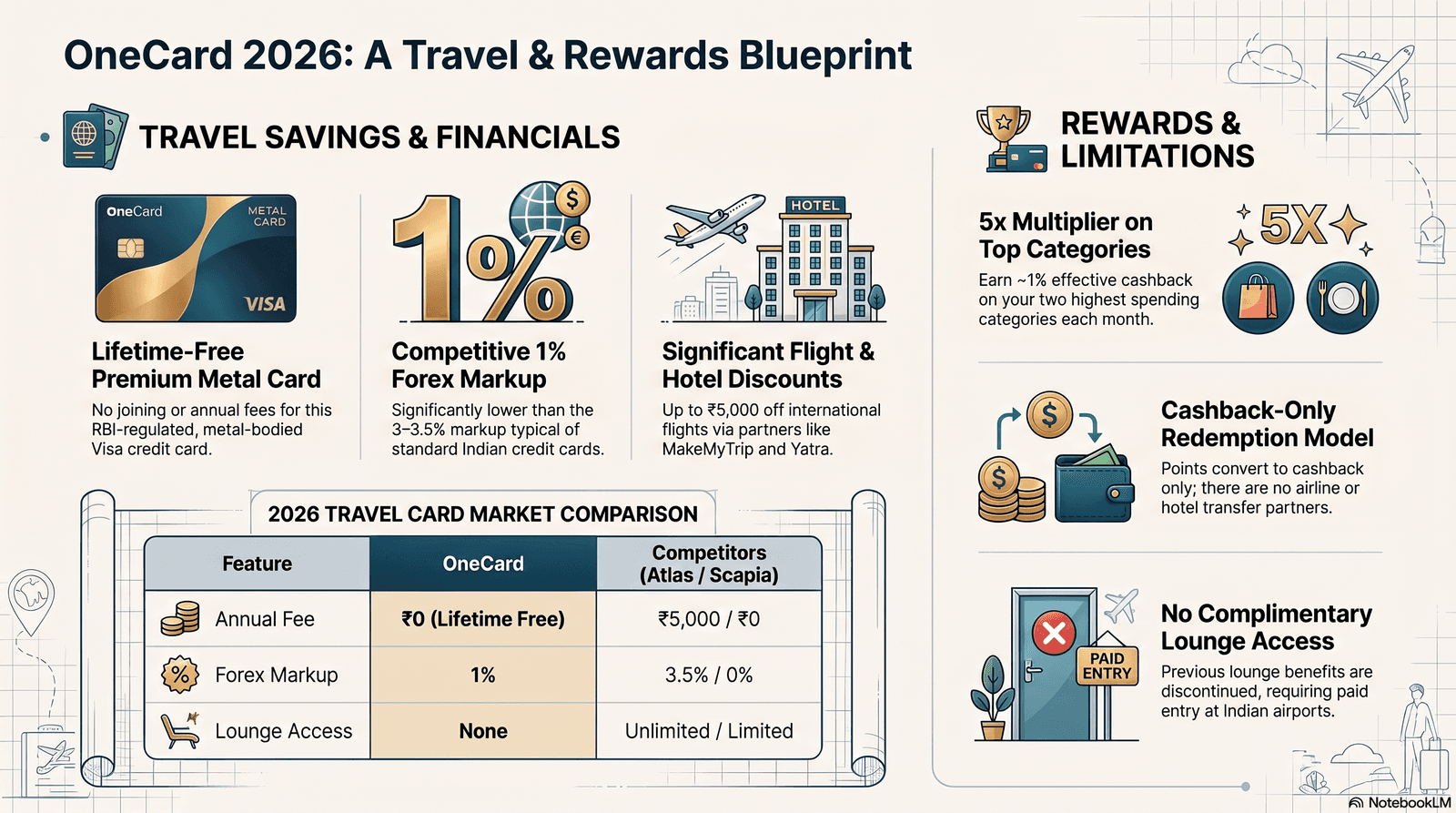 OneCard metal credit card with travel benefits — 5x rewards, 1% forex, MakeMyTrip and Yatra flight discounts 2026