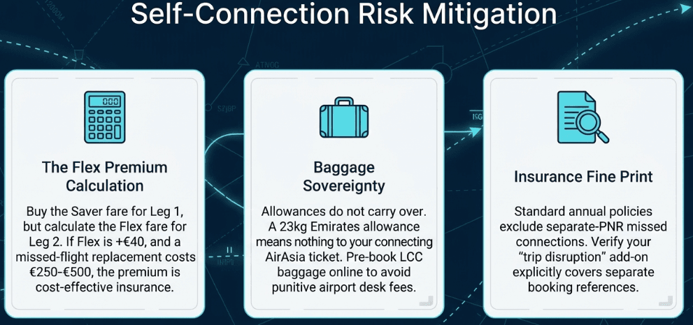 Self Flight Connection risk mitigaiton: flexible fares on the second leg and checking insurance coverage for missed connections on separate tickets are key strategies to manage the risk of self-transfers