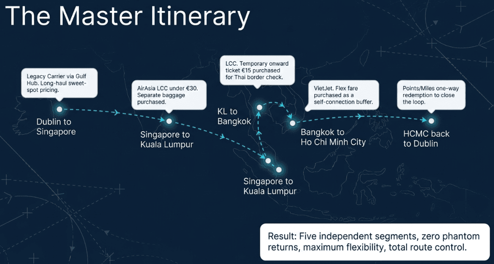 Master Itinerary of a multi-city trip built from sequential low cost one-ways