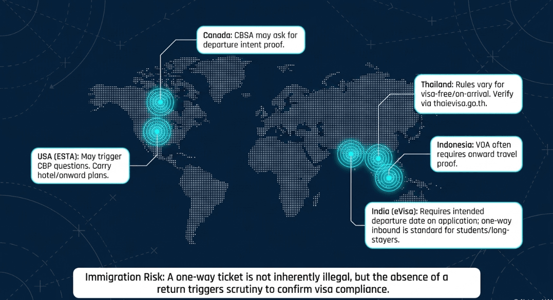 Understand immigrations and VISA risks with one-way tickets: some countries require proof of onward travel at the border, but this is not universal and can be managed with the right preparation