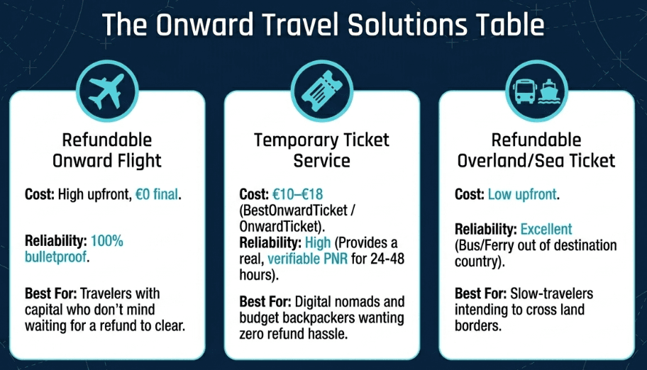 Understanding onward flight travel requirements: options include refundable onward tickets, temporary onward ticket services, or refundable land/sea departures