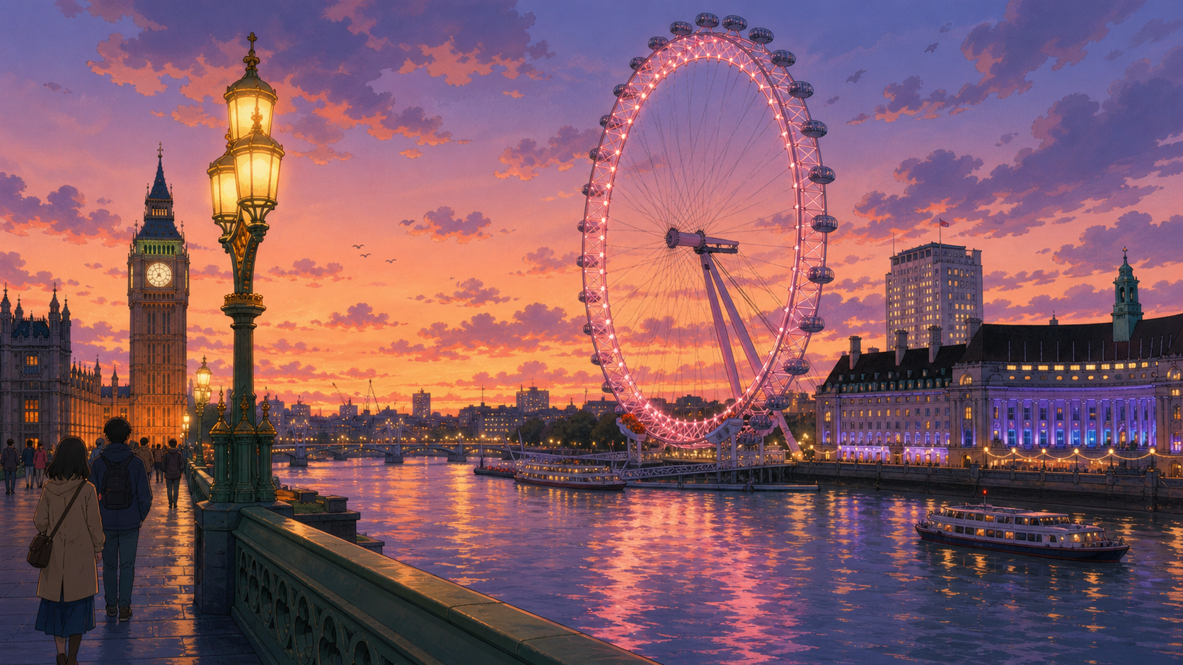 The London Eye at dusk reflecting in the Thames with Westminster Bridge in the foreground