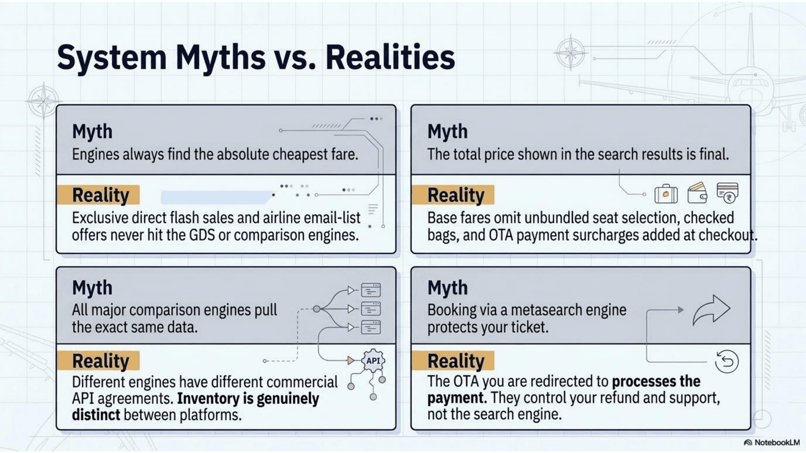 Common misconceptions about flight comparison engines: they always show the cheapest fare, the total price is final, all engines pull from the same data, and booking through them gives the same protections as direct
