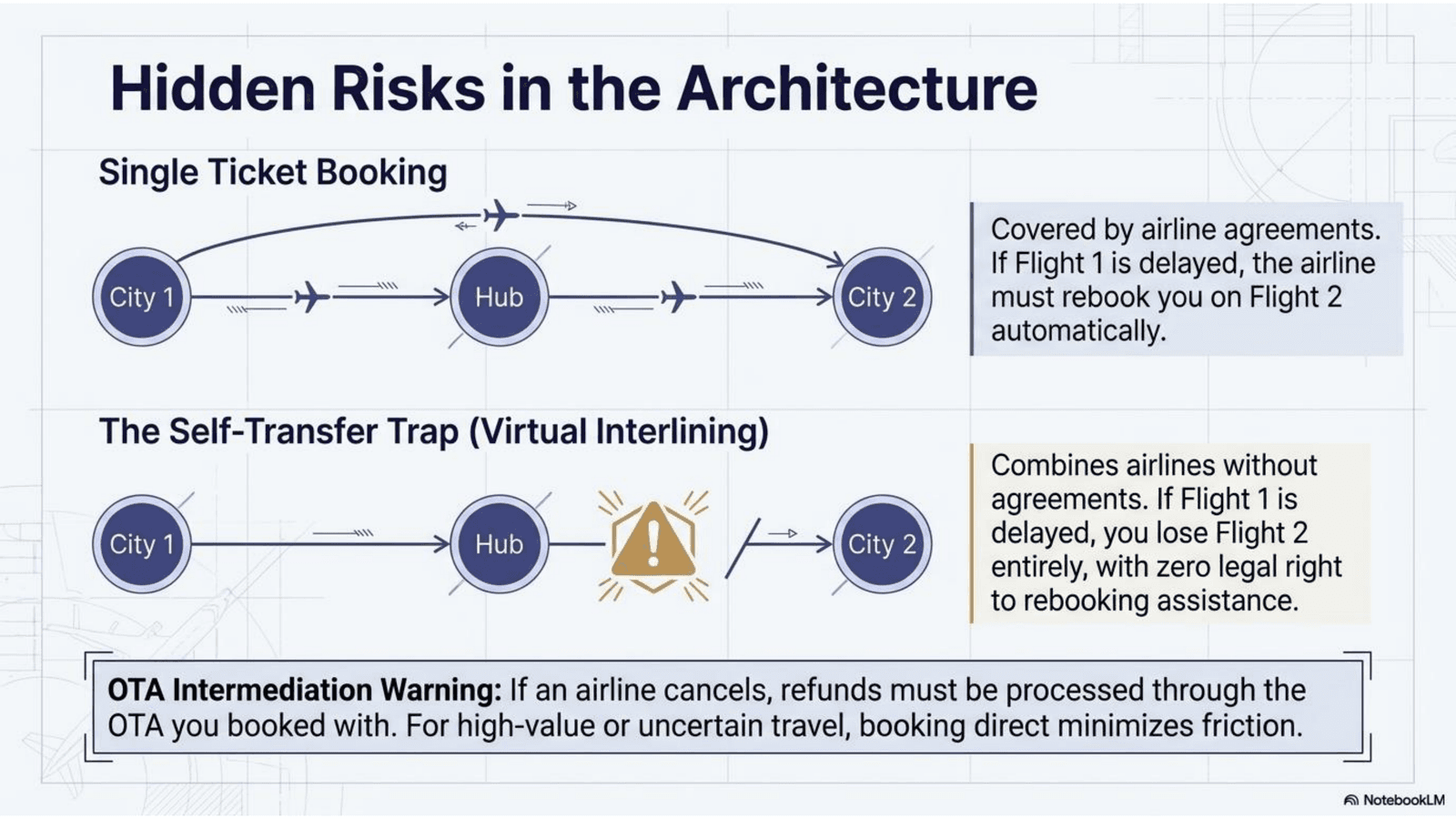Hidden risks in self-transfer bookings created by some comparison engines: no interline agreement, no rebooking assistance, and no consumer protections in case of disruption