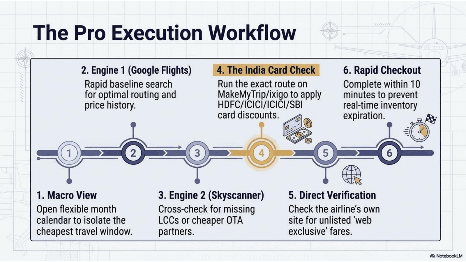A Pro Flight booking workflow using fare comparison engines: start with flexible date search, use Google Flights for initial research, cross-check with Skyscanner, add MakeMyTrip for India-specific card deals, check airline direct, read fare conditions, complete checkout promptly, and save confirmation documents