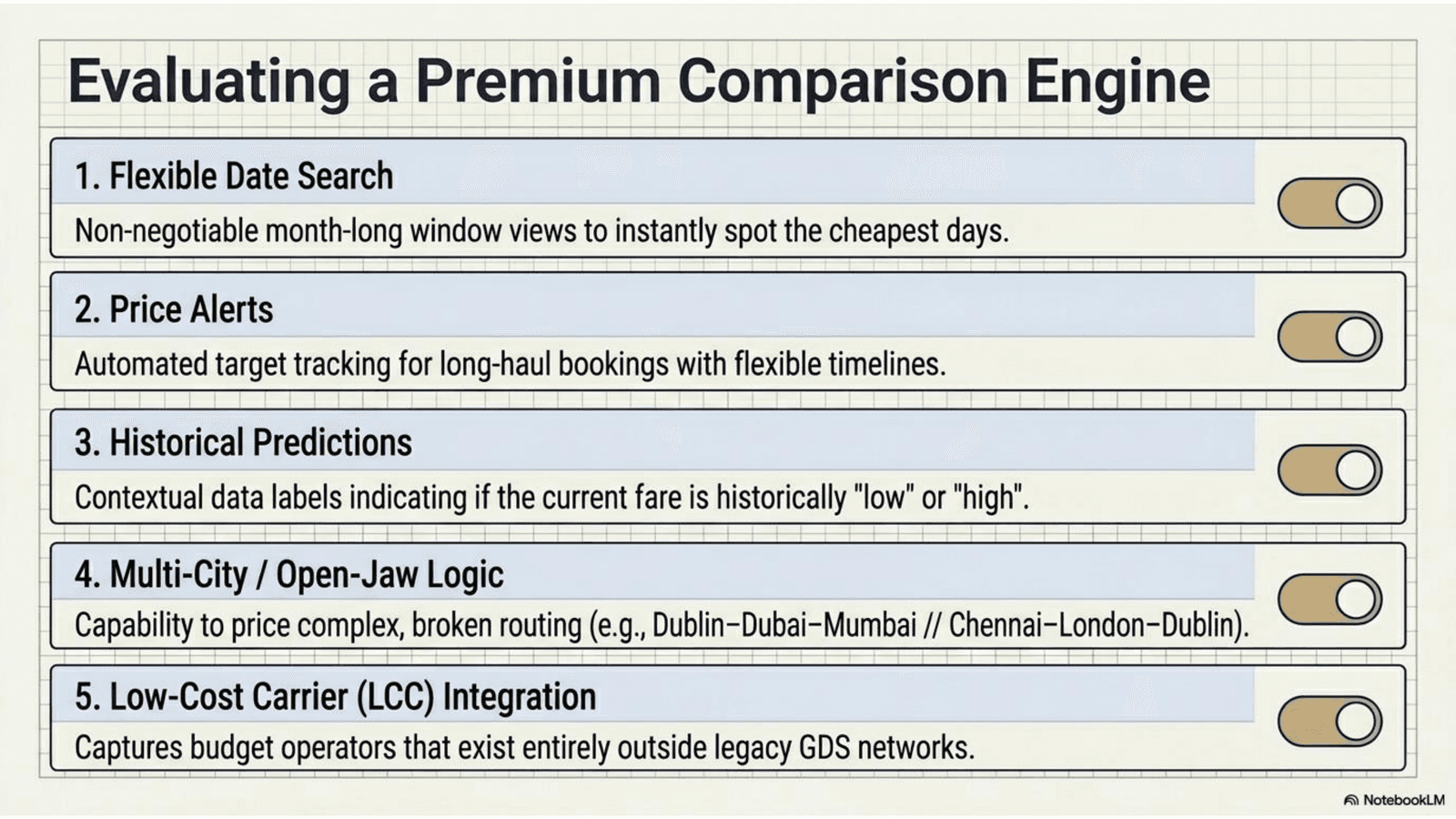 Evaluating a premium flight comparison engine based on key features: flexible date search, price alerts, historical data, multi-city search, filters, and LCC coverage