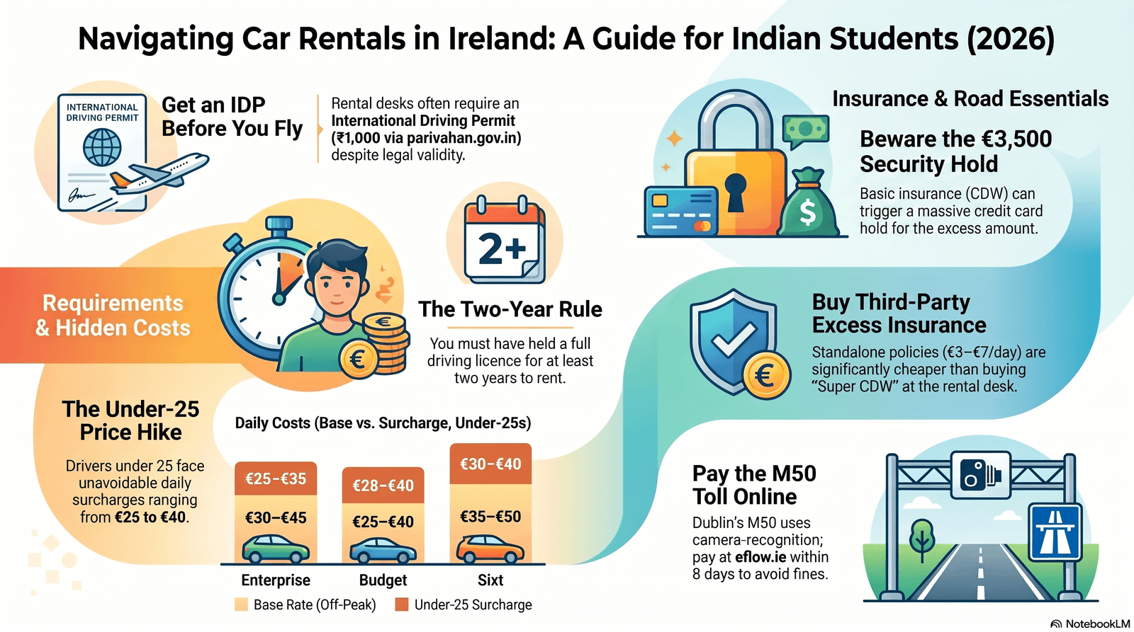 Indian student picking up rental car keys at a Dublin airport car hire desk in 2026