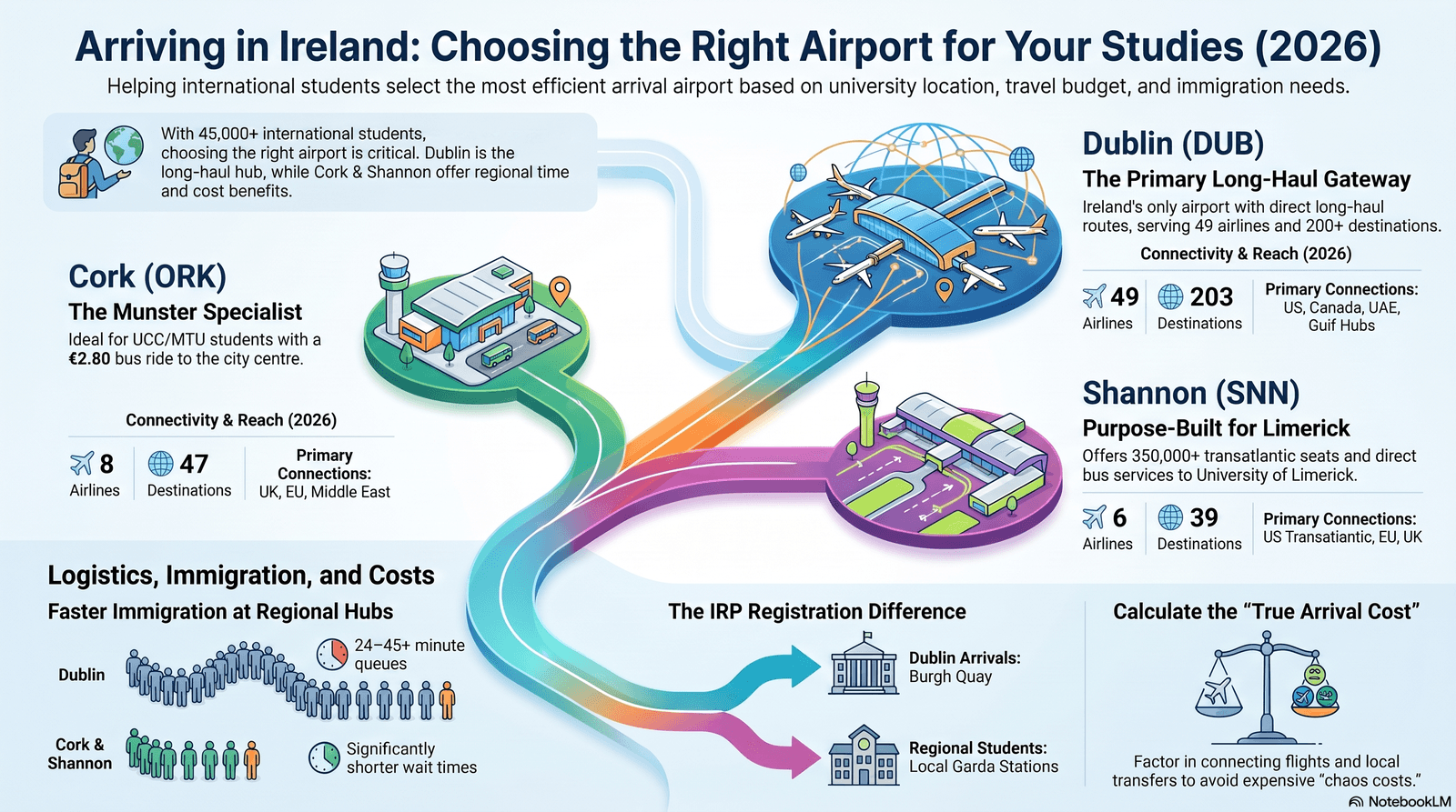 Map comparing Dublin, Cork and Shannon airports for international students arriving in Ireland 2026