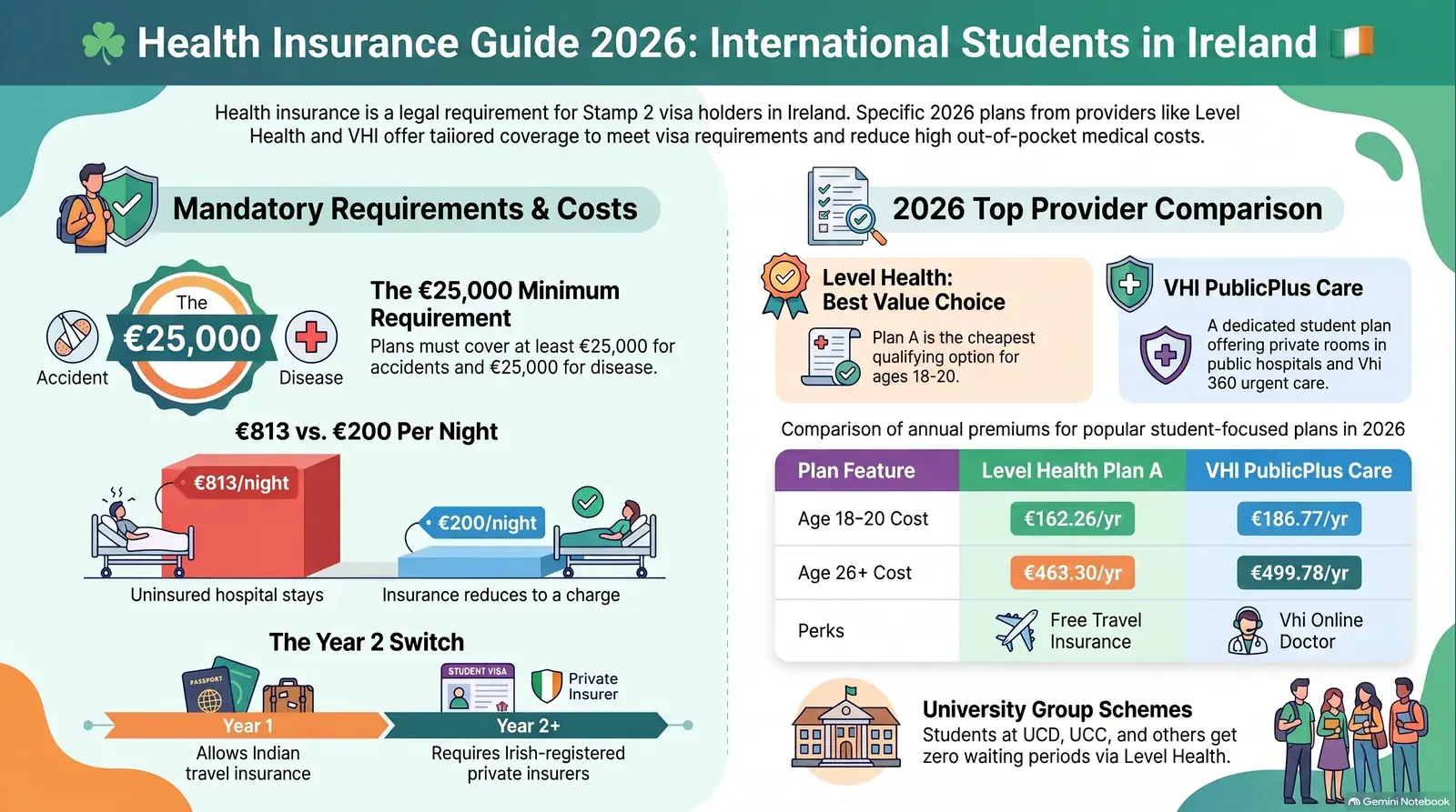 International student reviewing health insurance options in Ireland 2026 — VHI, Level Health, Laya
