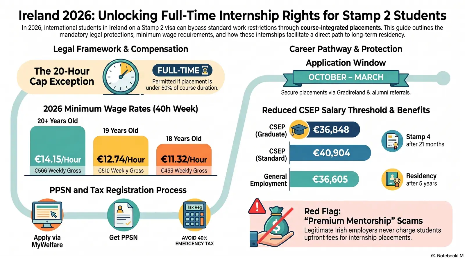 International student in Ireland reviewing internship contract — Stamp 2 visa work placement rights 2026