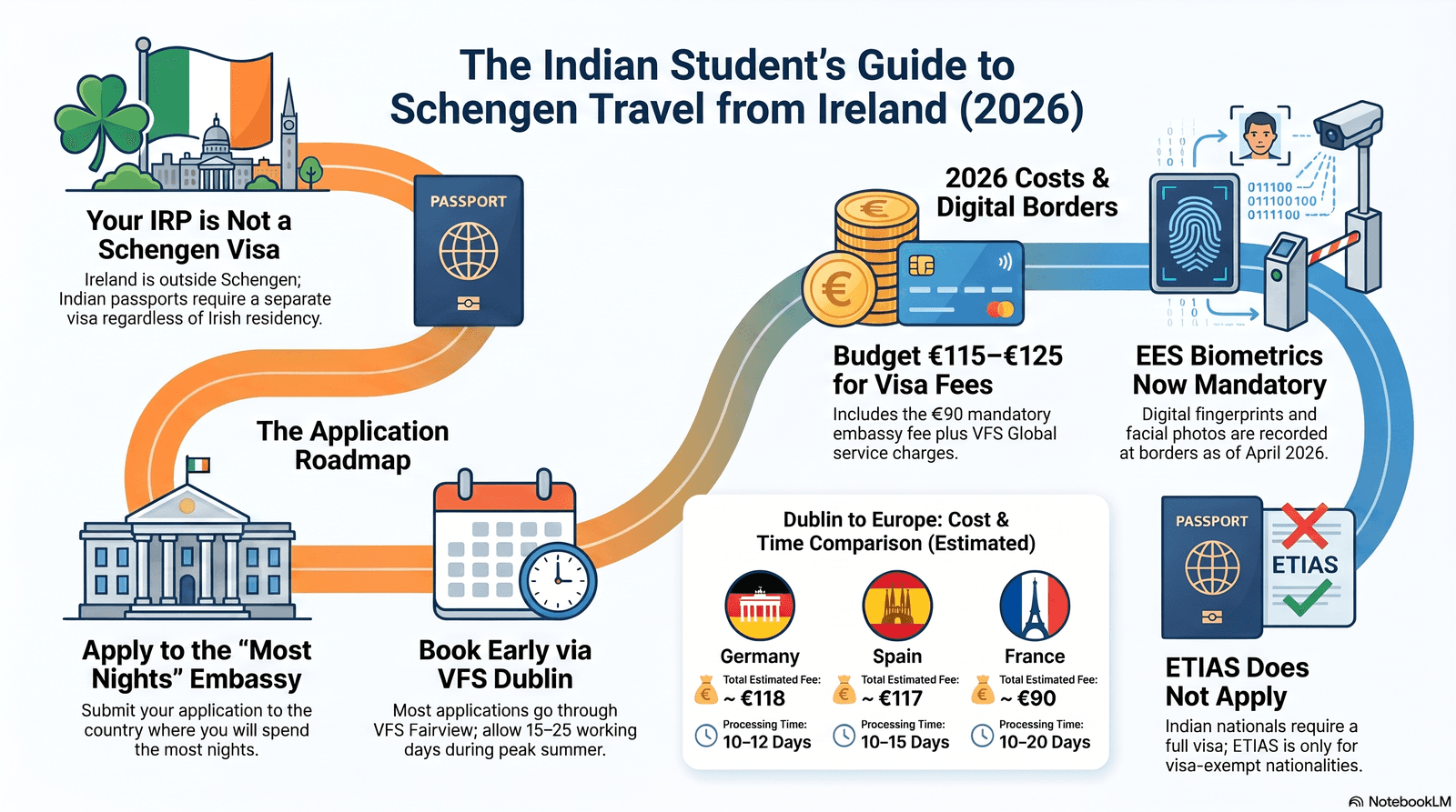 Indian student at Dublin Airport checking Schengen visa documents before flying to Europe in 2026
