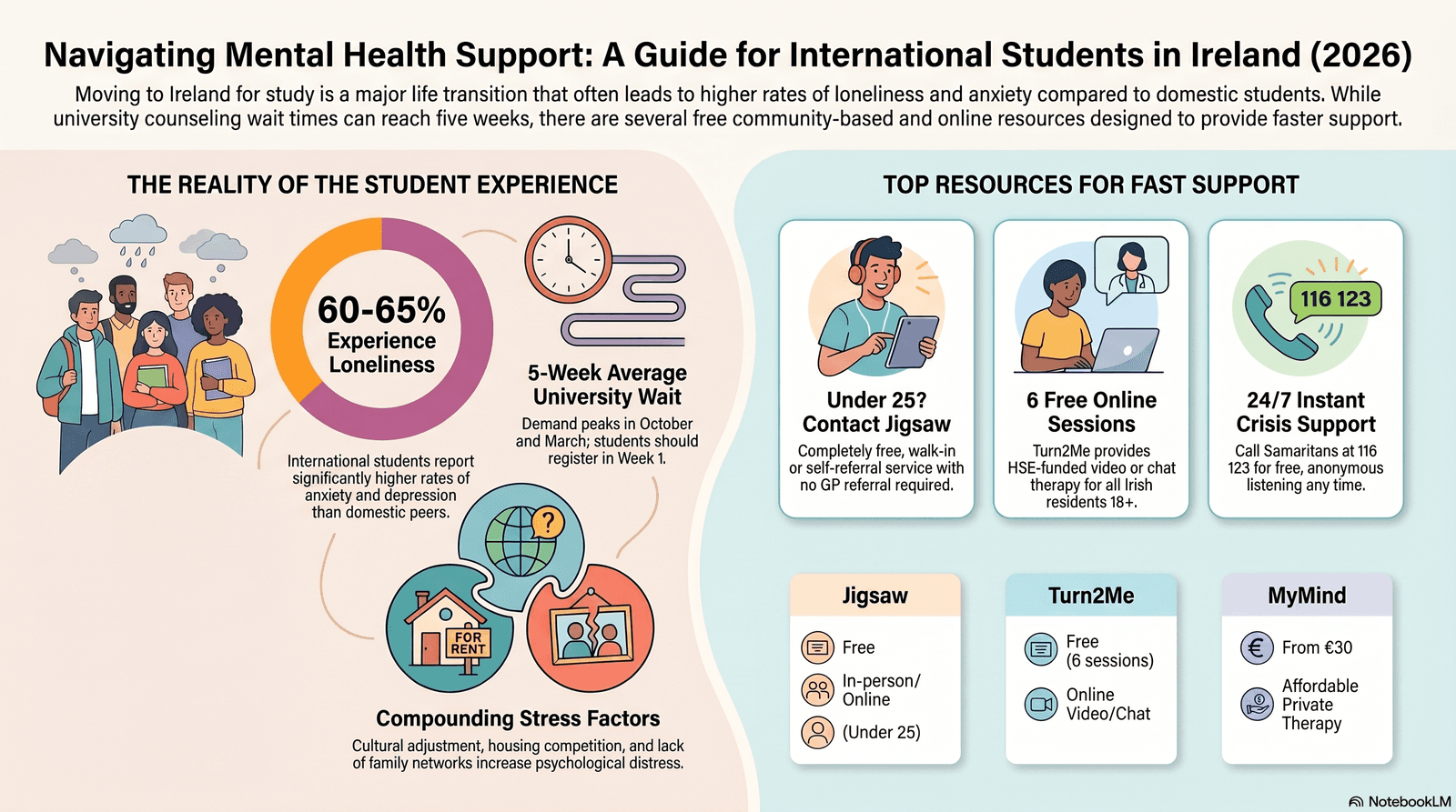 Mental health support services for international students in Ireland 2026 — guide to free and low-cost counselling, crisis lines, and university resources