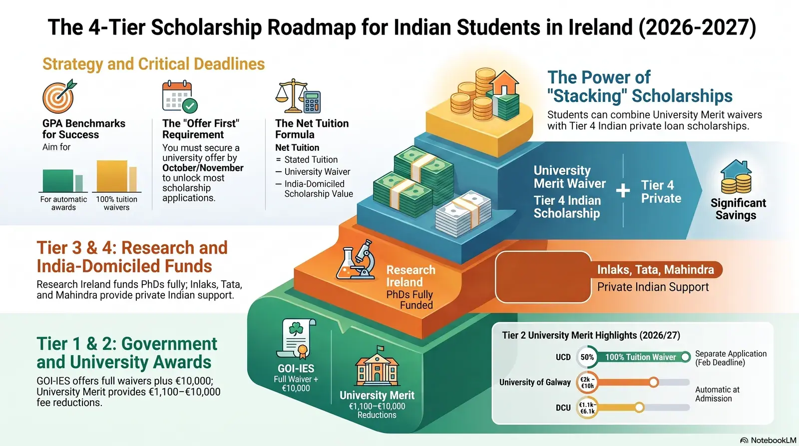 Scholarships for Indian students in Ireland 2026 — university merit awards, GOI-IES, IRC research funding and external Indian scholarships