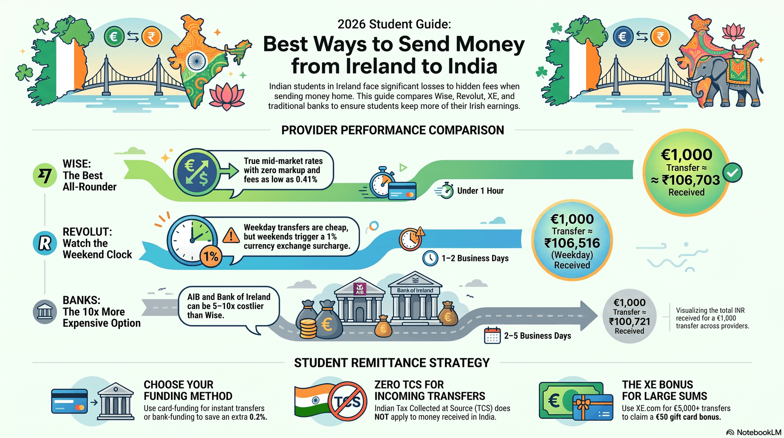 Comparison of Wise, Revolut, XE and bank wire for sending money from Ireland to India in 2026