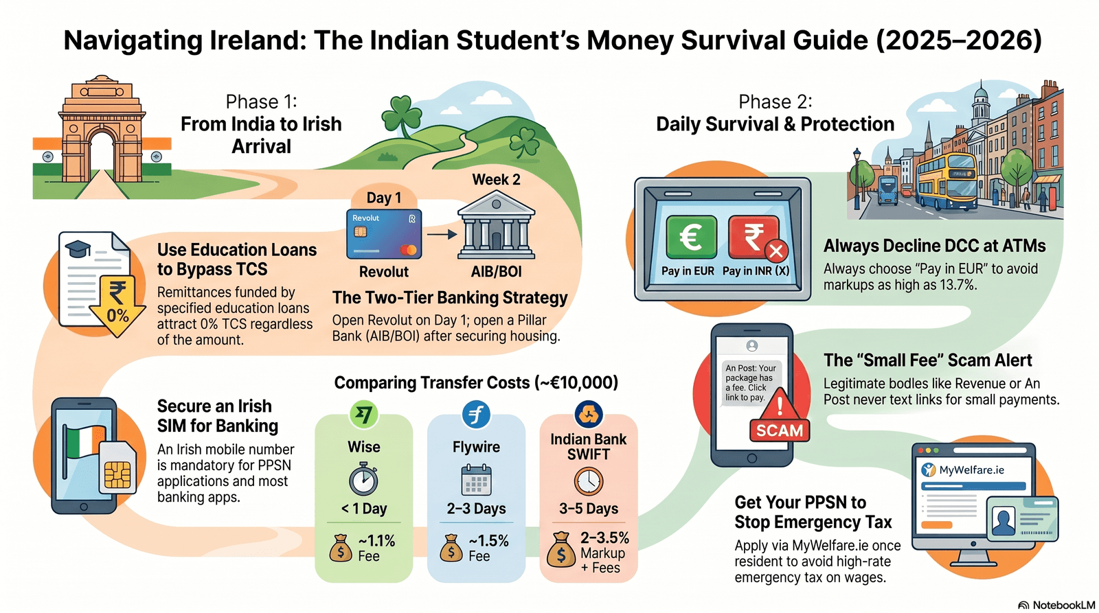 The Indian Student's Money Survival Guide to Ireland 2025–2026 — banking, transfers, DCC, scams