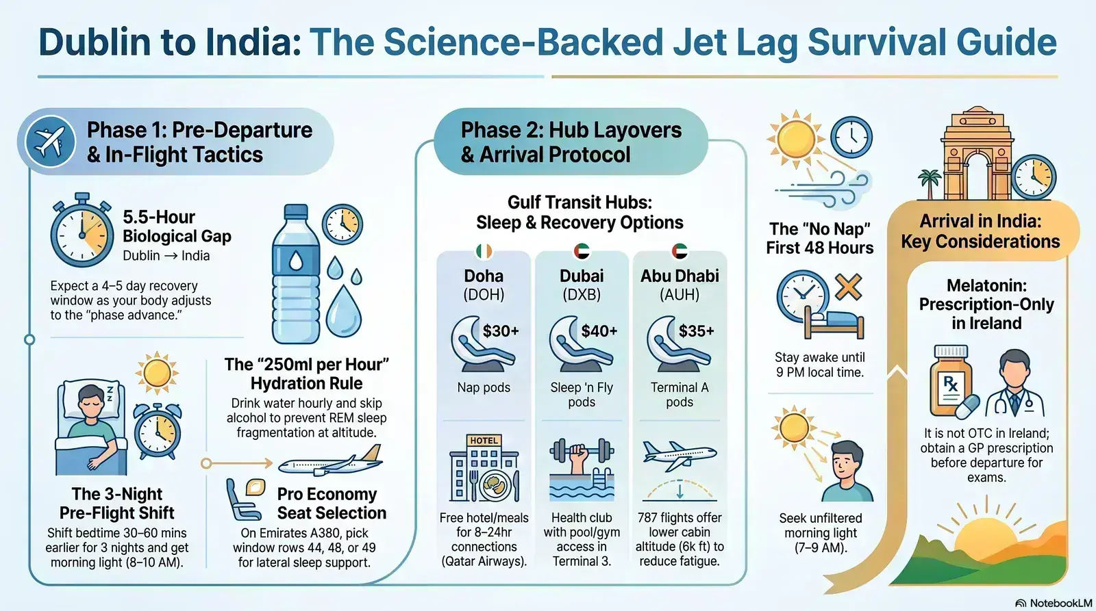 Traveller managing jet lag on a long-haul flight from Dublin to India, with a Gulf hub layover infographic