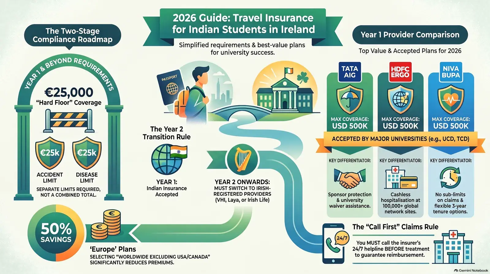 Best travel insurance for Indian students and NRIs in Ireland 2026 — plan comparison infographic