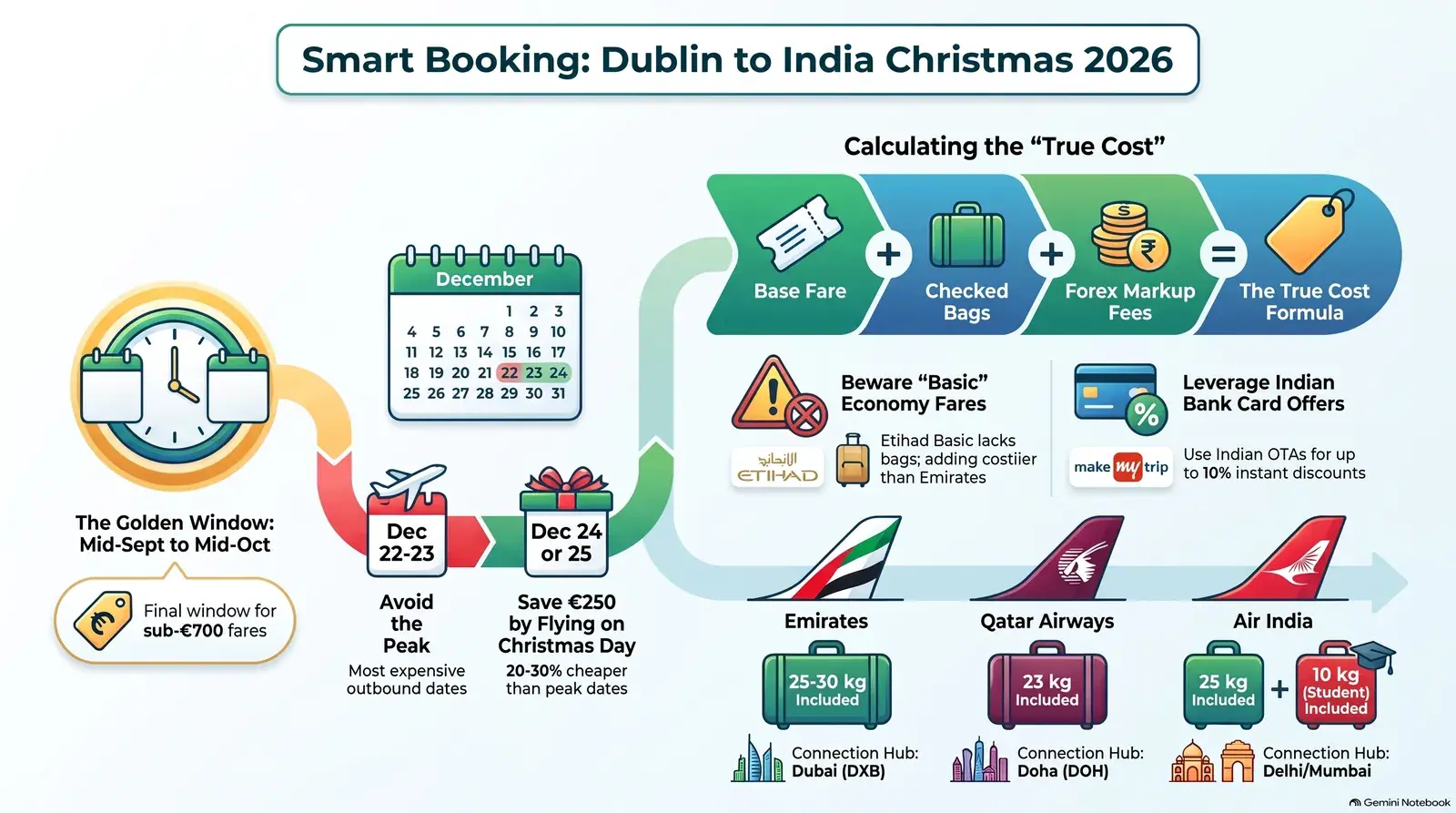 Dublin Airport departure board showing flights to India in December 2026 Christmas season