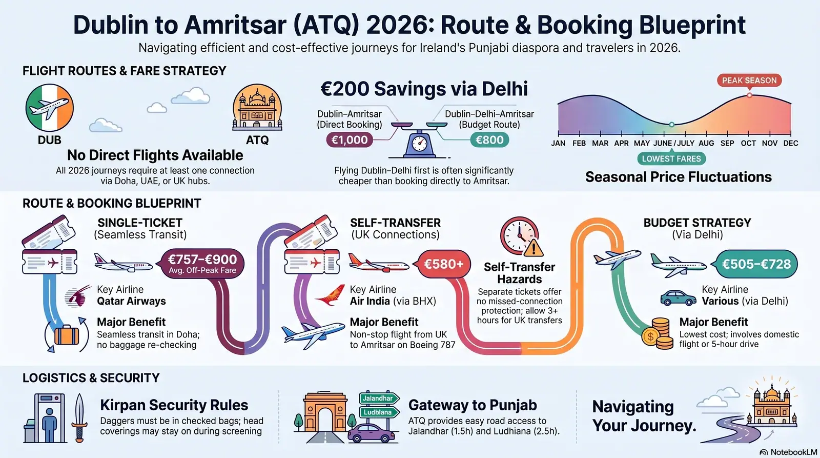 Dublin to Amritsar ATQ flights 2026 route guide — airline comparison, fare calendar and booking tips