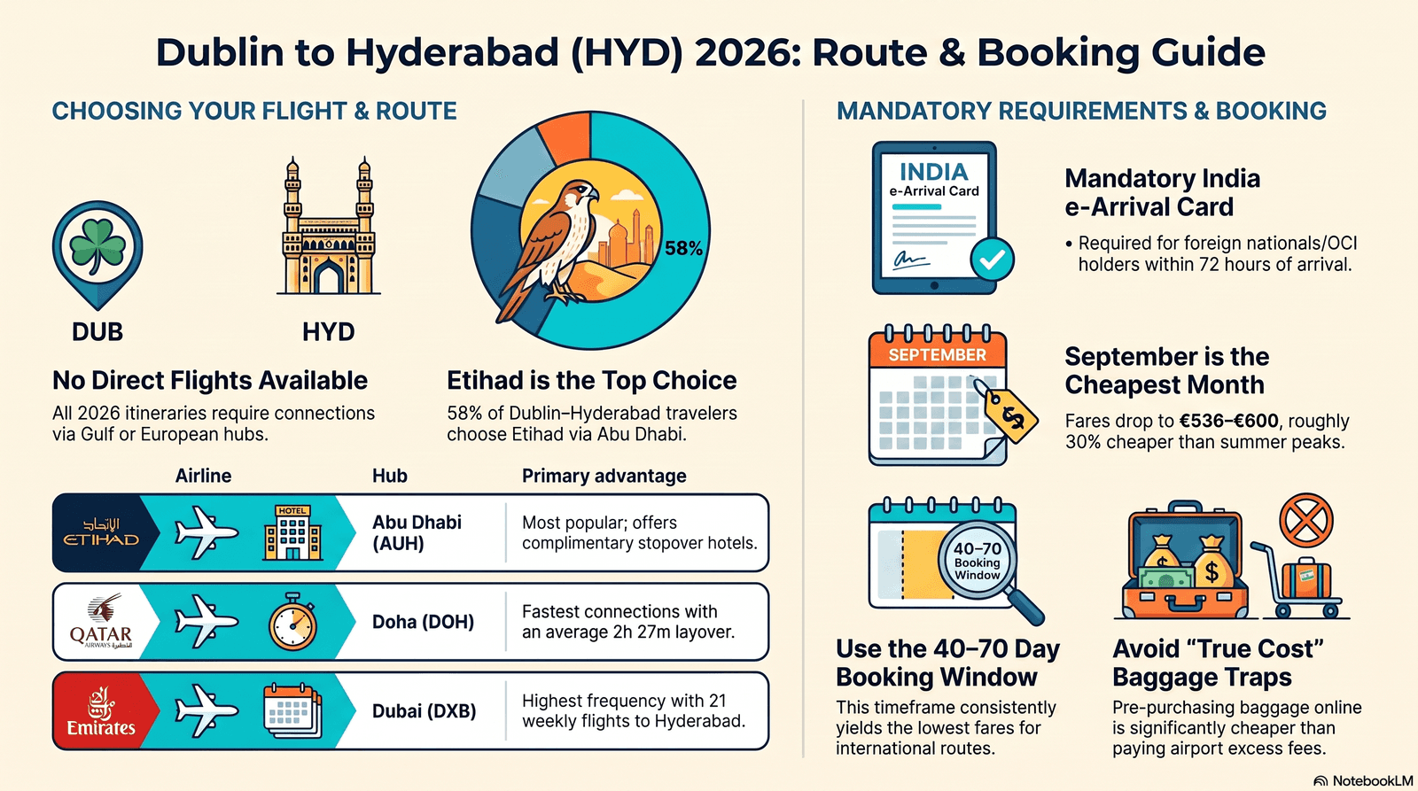 Dublin Airport departure board showing connecting flights to Hyderabad HYD via Abu Dhabi, Doha and Dubai — 2026 route guide