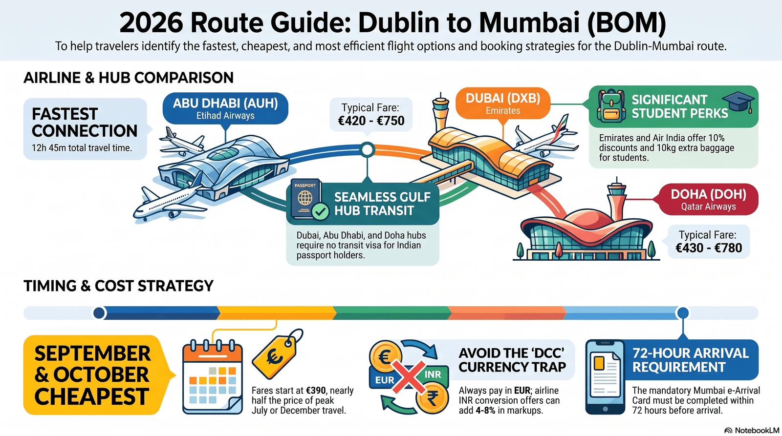 Dublin Airport departure board showing connecting flights to Mumbai BOM via Dubai, Abu Dhabi and Doha — 2026 route guide