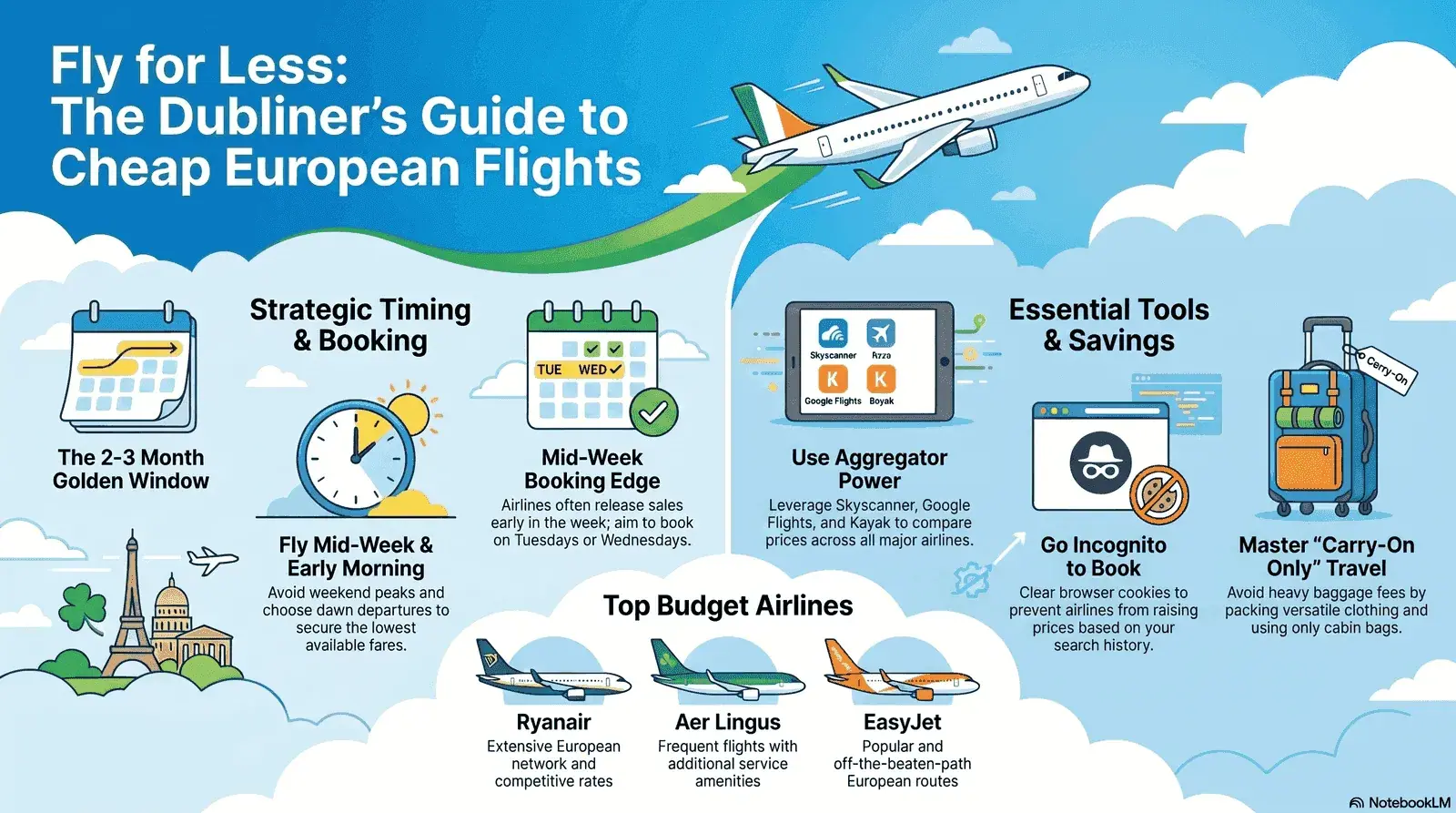 Infographic showing tips for booking cheap European flights from Dublin