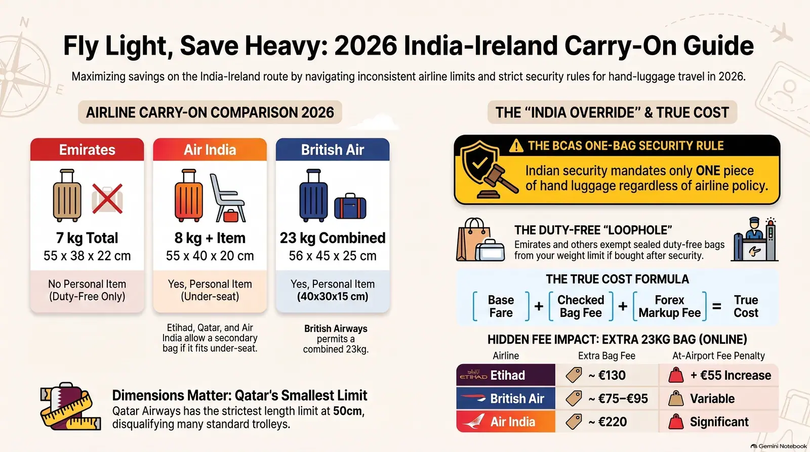 Hand luggage only on India-Ireland flights 2026 — airline carry-on rules comparison for Emirates, Etihad, Qatar Airways, Air India and British Airways