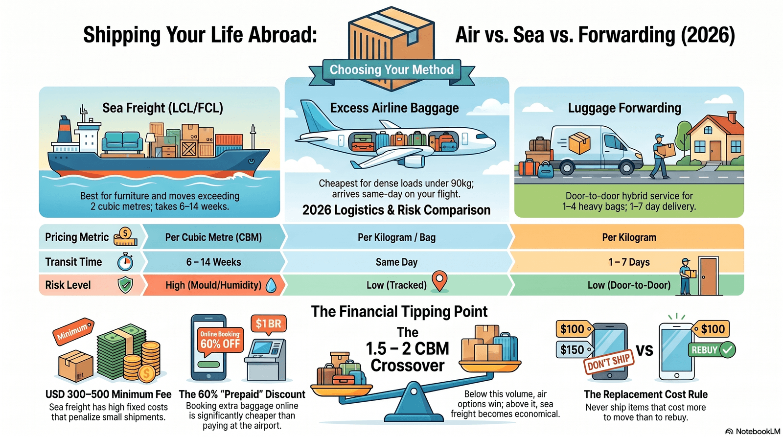 Comparison of sea freight container, airline excess baggage and luggage forwarding for moving abroad in 2026