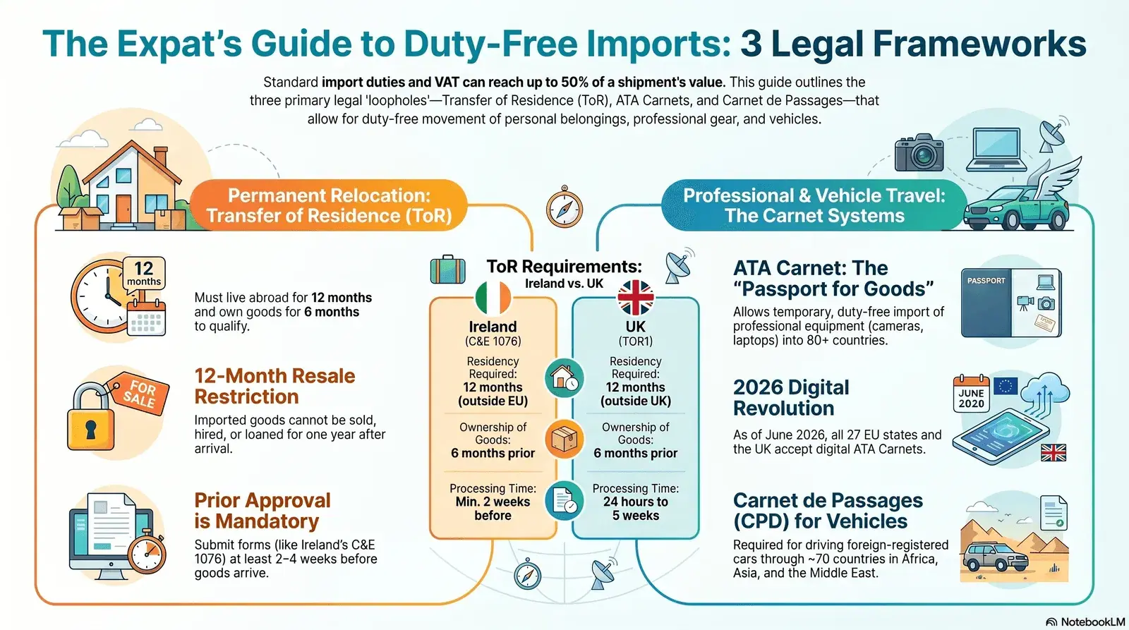 Expat traveller clearing customs with professional equipment and personal belongings duty-free using temporary residency relief in 2026