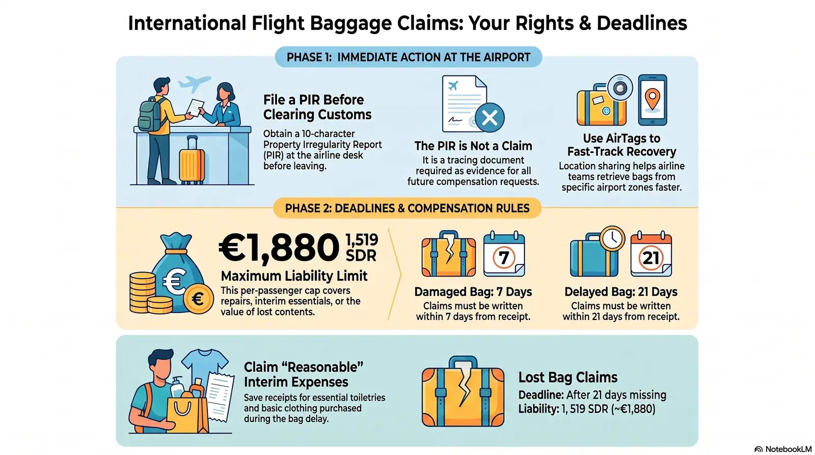 Infographic showing Montreal Convention baggage rights — lost, delayed and damaged baggage compensation process on international flights in 2026