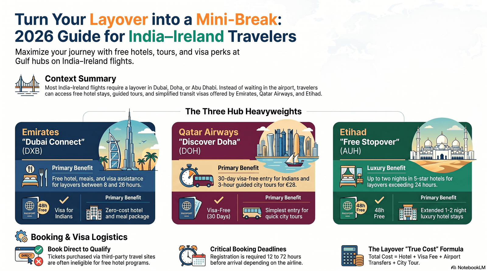 Aerial view of Dubai, Doha and Abu Dhabi skylines side by side — Middle East layover guide for India–Ireland travelers 2026